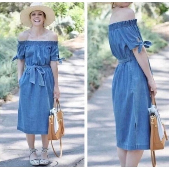 J Crew Off Shoulder Chambray Blue Tie Waist Denim Midi Dress Size 0 - Picture 1 of 12